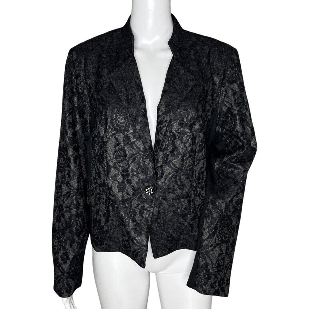 Chicos Blazer Womens Large Black Lace Print Jacket Jeweled Button Party Casual